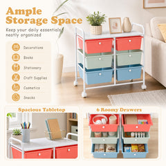 6-Drawer Rolling Storage Cart with 4 Universal Wheels and Metal Frame Spacious Tabletop-Multicolor