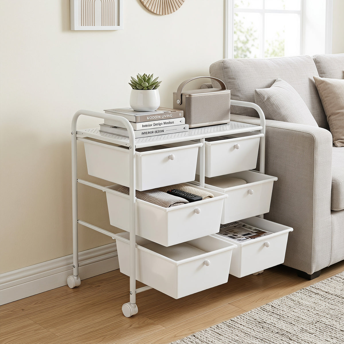 6-Drawer Rolling Storage Cart with 4 Universal Wheels and Metal Frame Spacious Tabletop-White