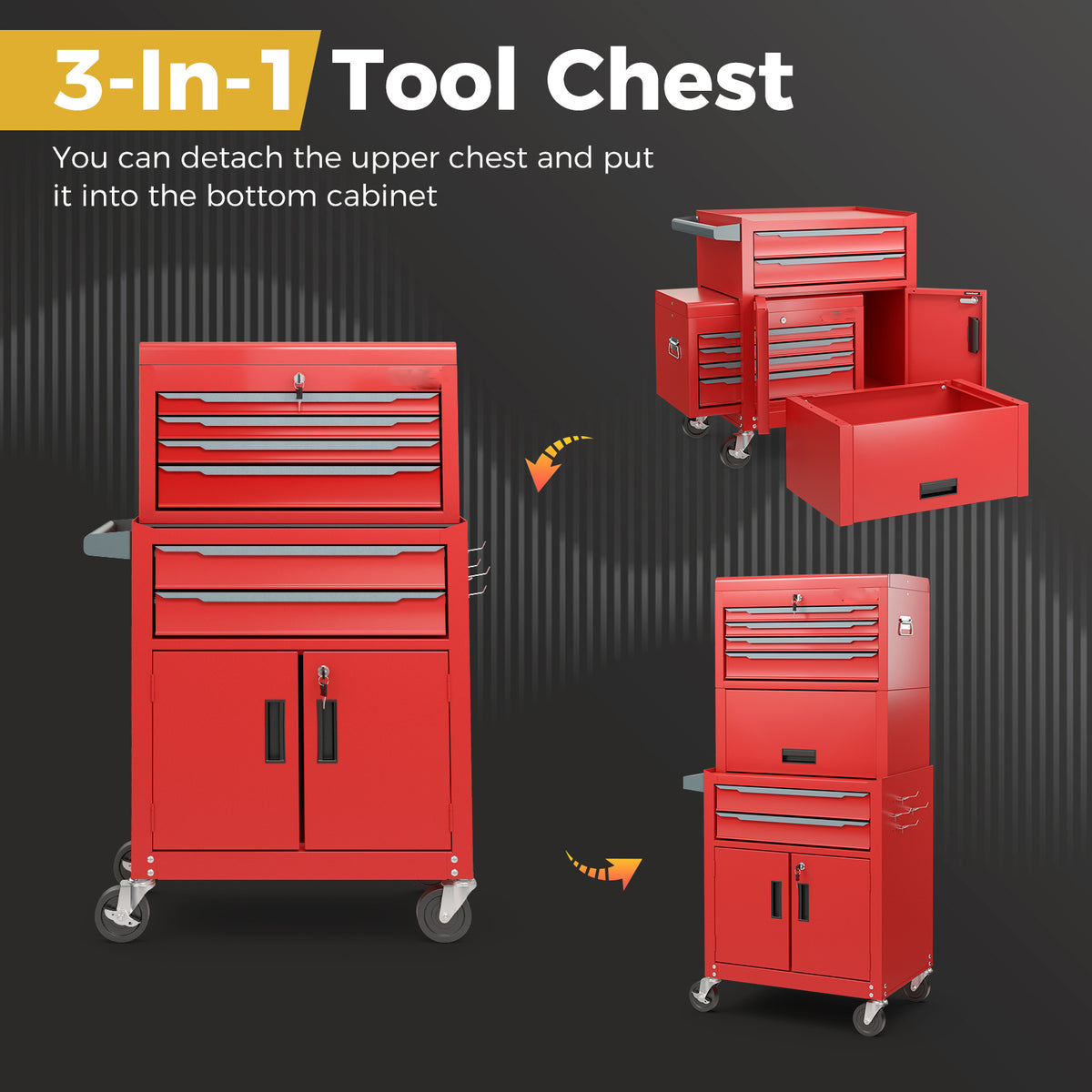 6-Drawer Rolling Tool Chest with Universal Wheels and Hooks-Red-M