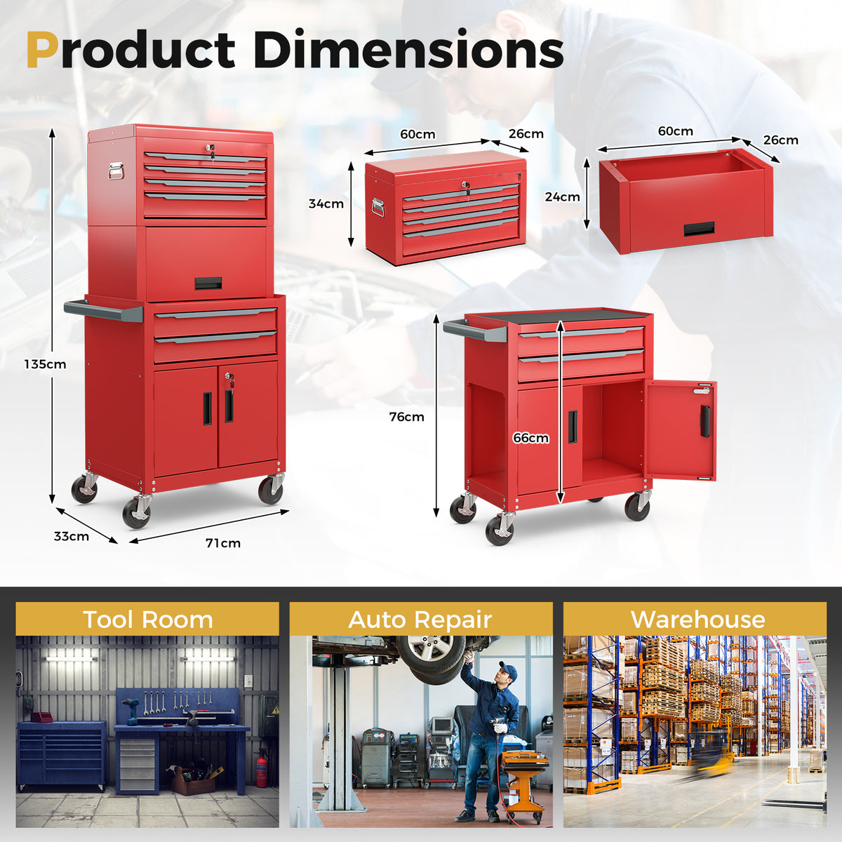 6-Drawer Rolling Tool Chest with Universal Wheels and Hooks-Red-M