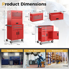 6-Drawer Rolling Tool Chest with Universal Wheels and Hooks-Red-M