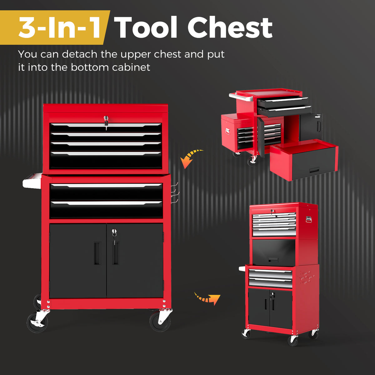 6-Drawer Rolling Tool Chest with Universal Wheels and Hooks-Red & Black-M