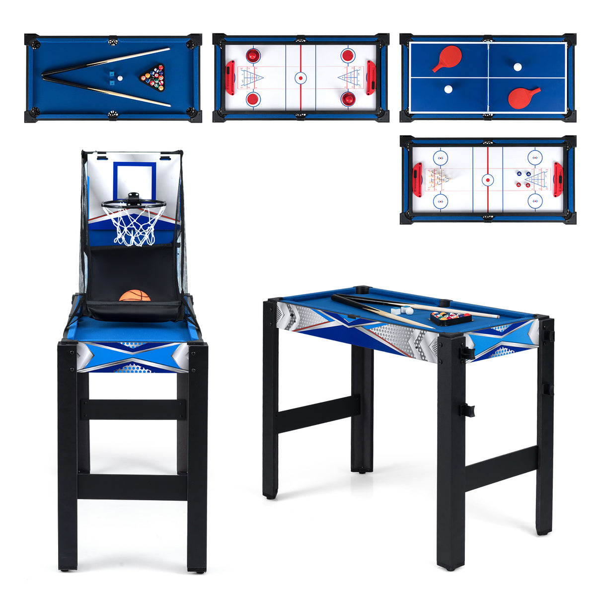 6-In-1 Multi Game Table with Air Hockey Table Tennis Basketball Billiards Shuffleboard Bowling-Blue
