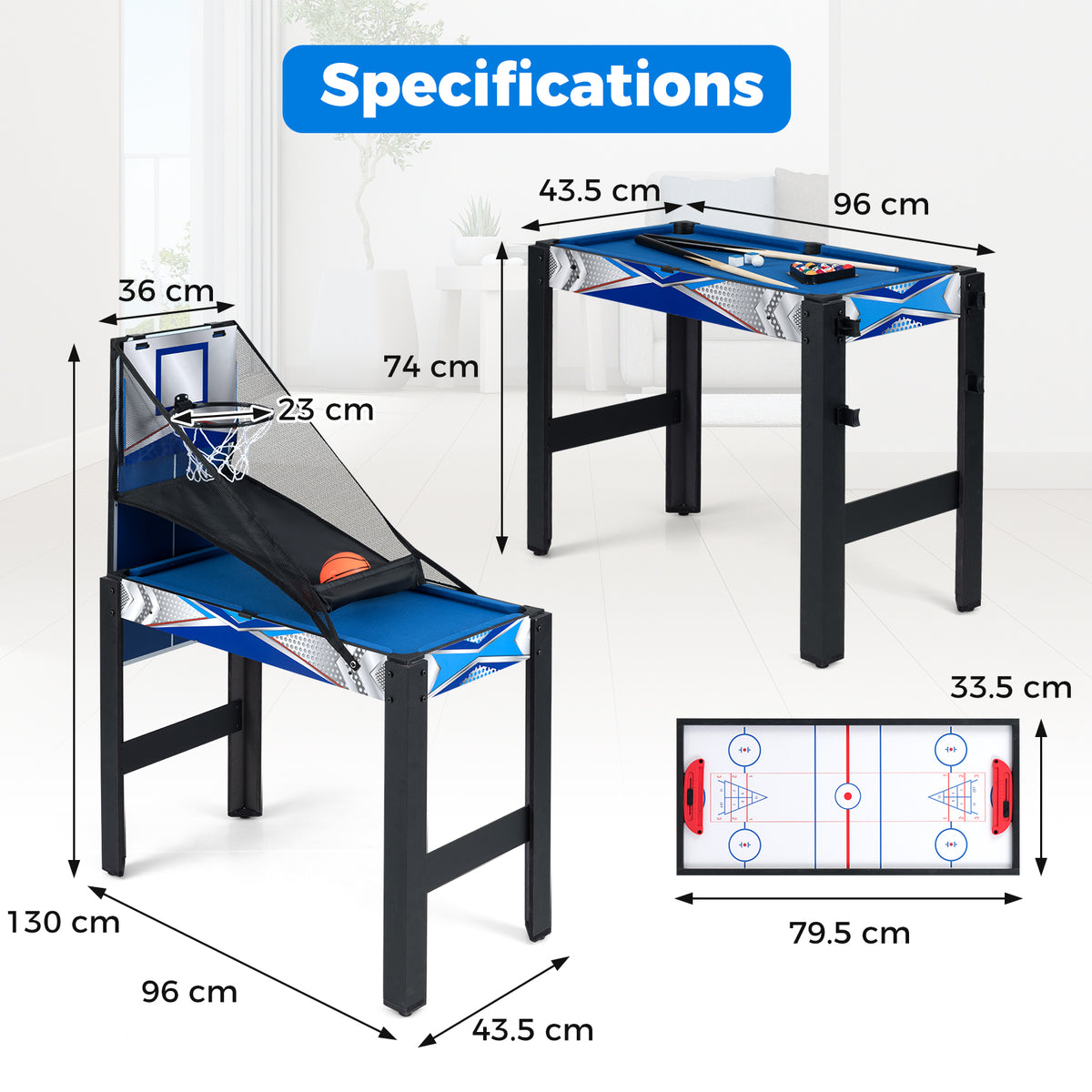 6-In-1 Multi Game Table with Air Hockey Table Tennis Basketball Billiards Shuffleboard Bowling-Blue