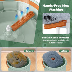 Close-up of a mop pad being cleaned in a bucket, showing before and after