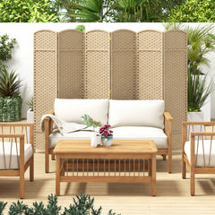 6-Panel Room Divider Folding Privacy Screen with Hand-woven Texture-Beige