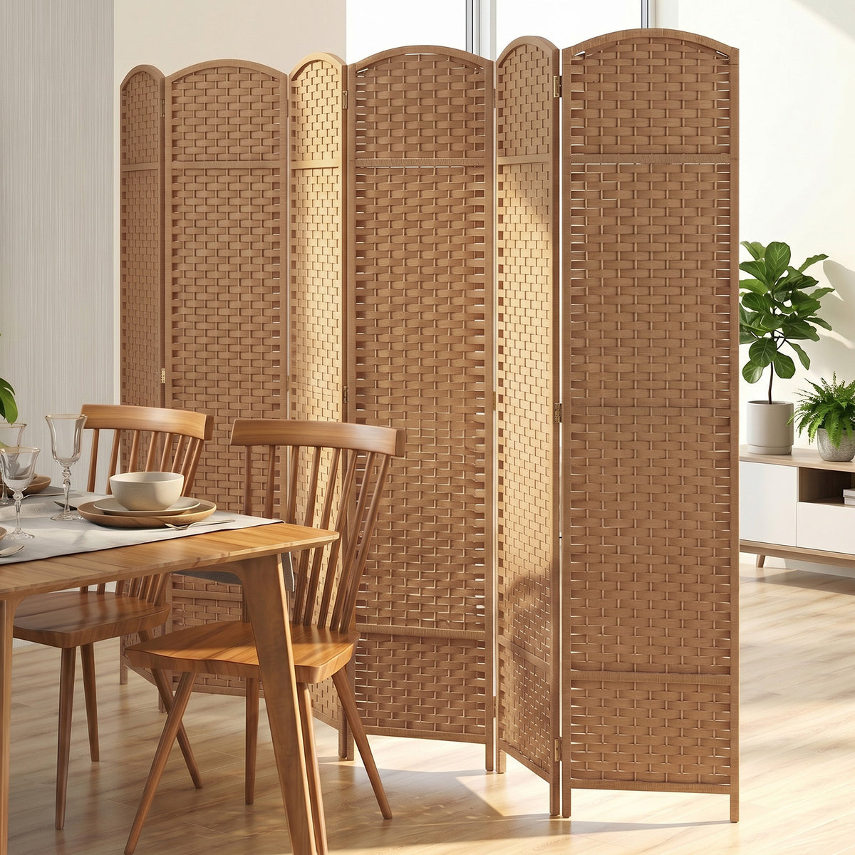 6-Panel Room Divider Folding Privacy Screen with Hand-woven Texture-Natural