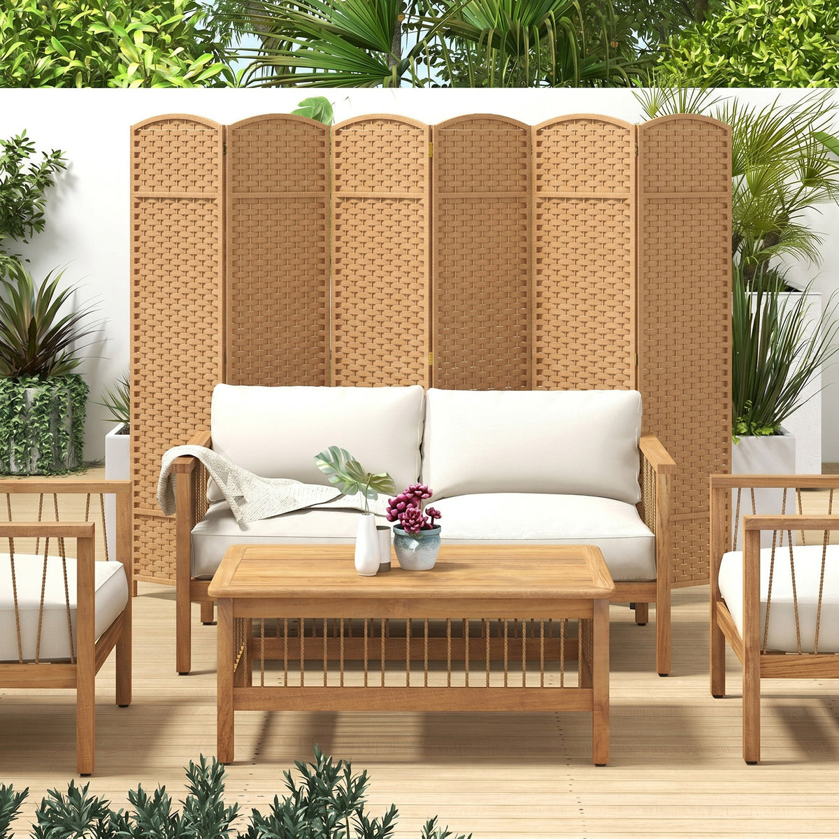 6-Panel Room Divider Folding Privacy Screen with Hand-woven Texture-Natural