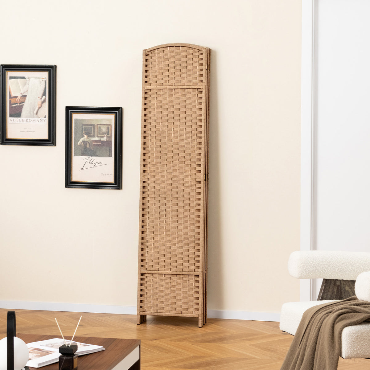 6-Panel Room Divider Folding Privacy Screen with Hand-woven Texture-Natural