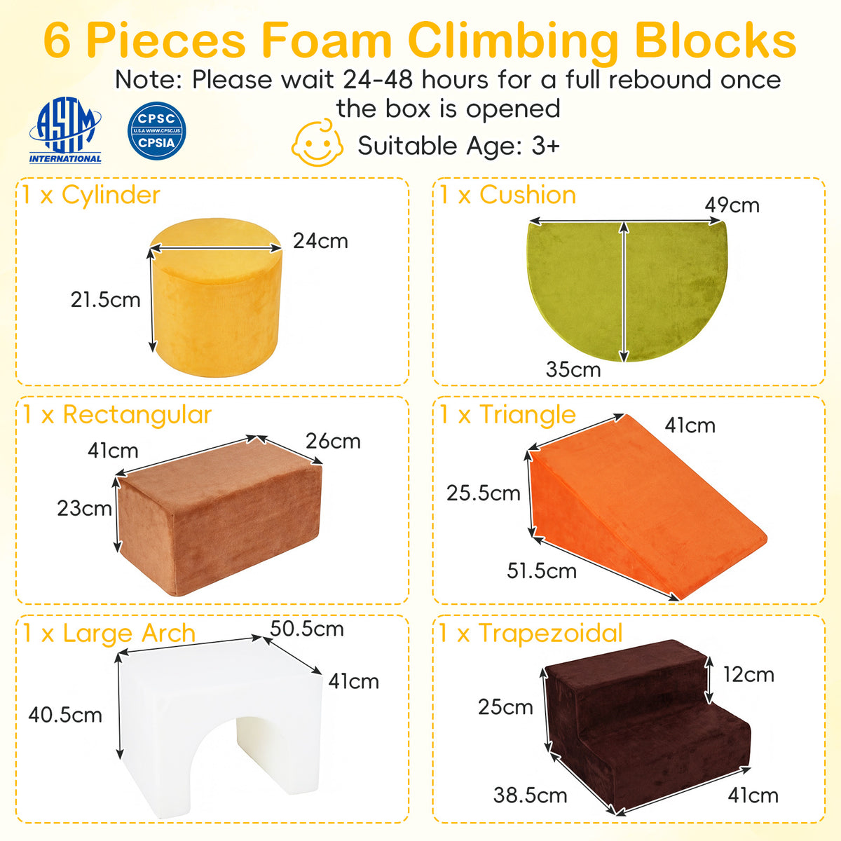 6 Pieces Foam Climbing Blocks for Kids with Slide and Tunnel for Toddlers 3+-White