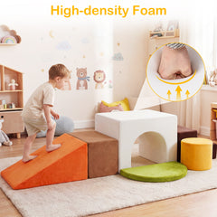 6 Pieces Foam Climbing Blocks for Kids with Slide and Tunnel for Toddlers 3+-White