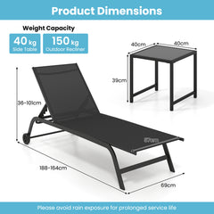 6-Position Outdoor Chaise Lounge Chair Set with Wheels and 180° Full Flat-Black