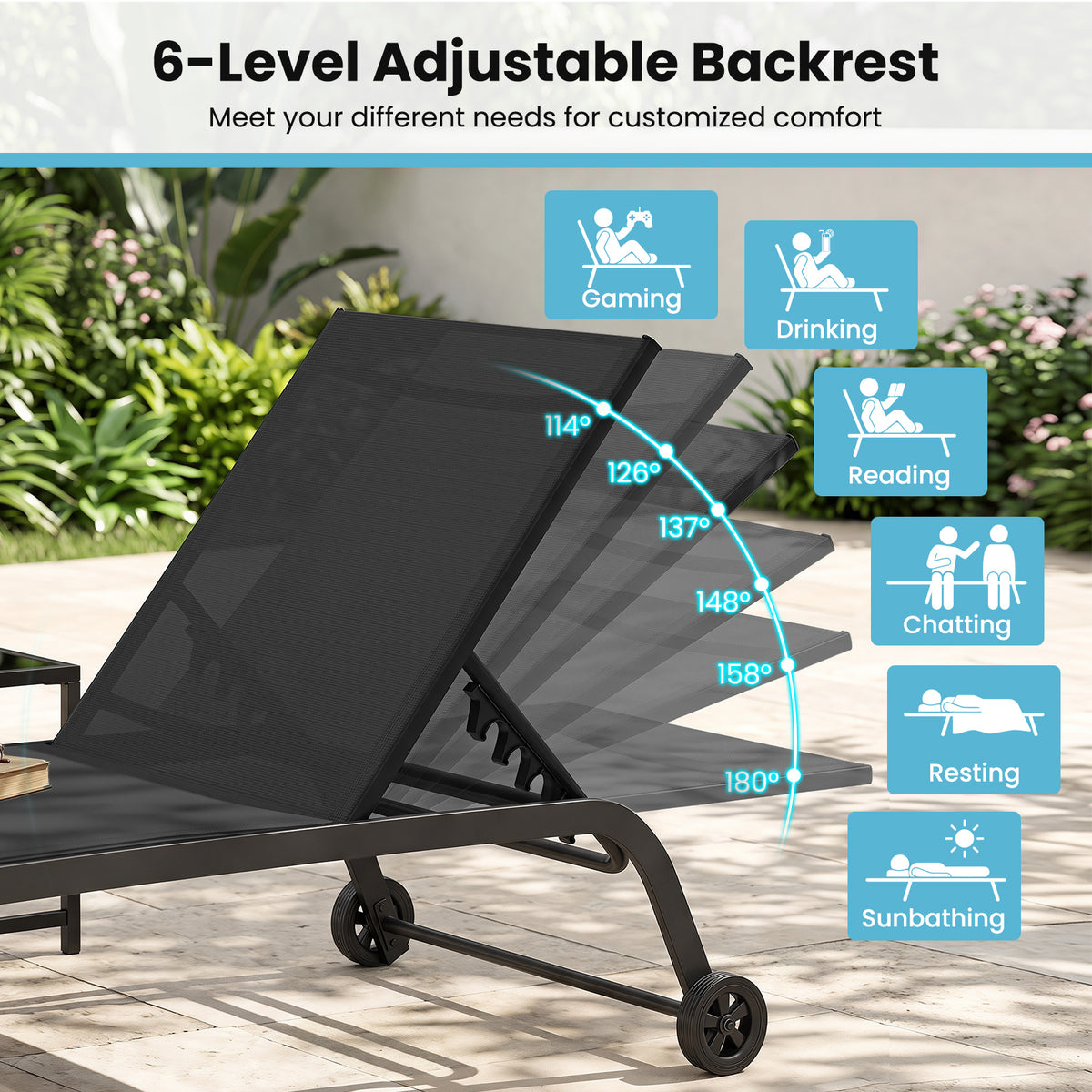6-Position Outdoor Chaise Lounge Chair Set with Wheels and 180° Full Flat-Black