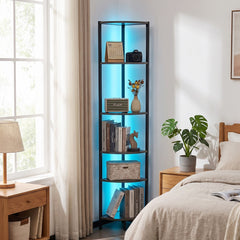 The corner bookcase is shown in a bedroom setting with books and decorative items on its shelves