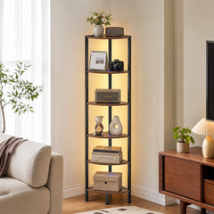 6-Tier Corner Shelf 68 inch Tall Narrow Display Bookshelf with LED Lights-Rustic Brown