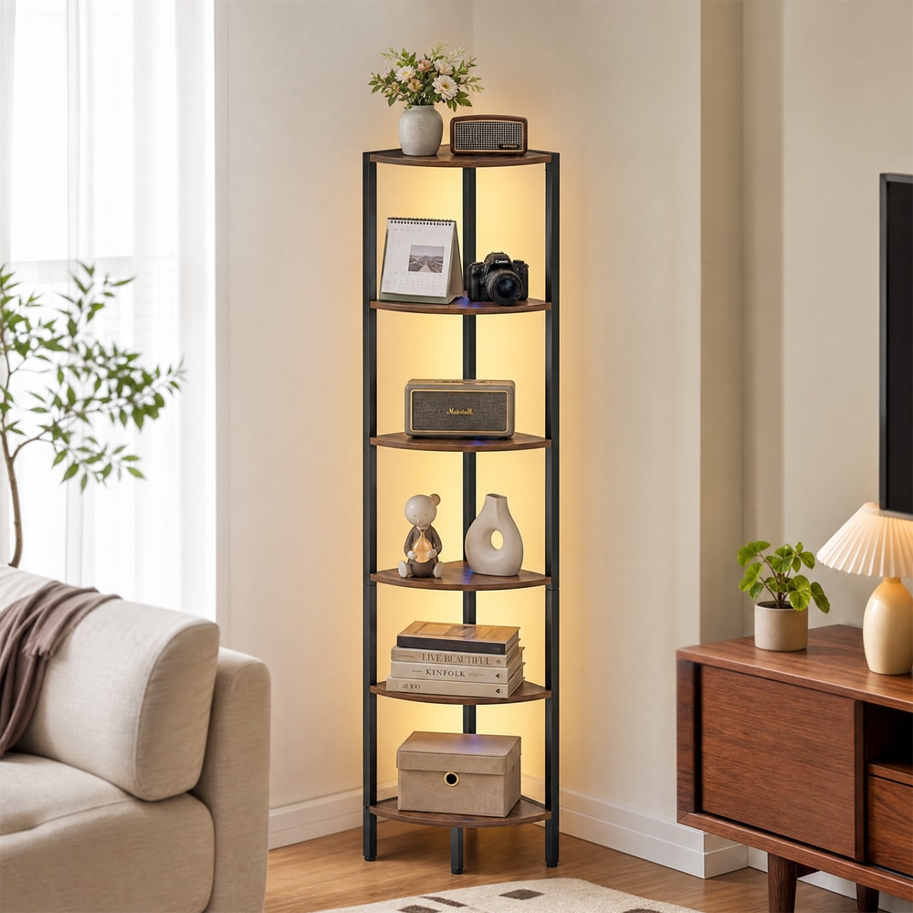 The tall display bookshelf is placed in a living room corner, illuminated by its LED lights
