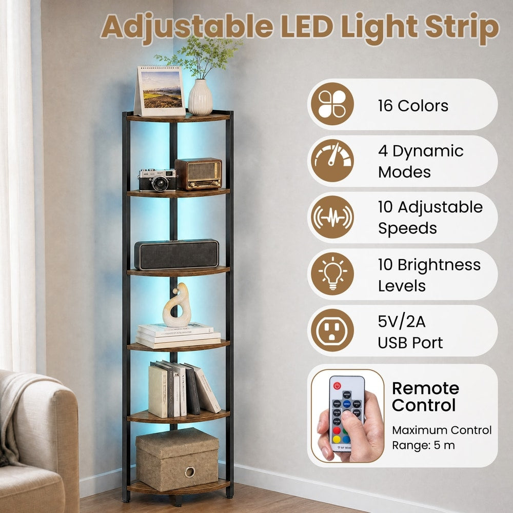 The corner display bookshelf features adjustable LED lights with multiple colours and modes