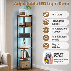 6-Tier Corner Shelf 68 inch Tall Narrow Display Bookshelf with LED Lights-Rustic Brown