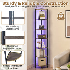 Close-up views of the metal frame and engineered wood shelves of the tall display bookshelf