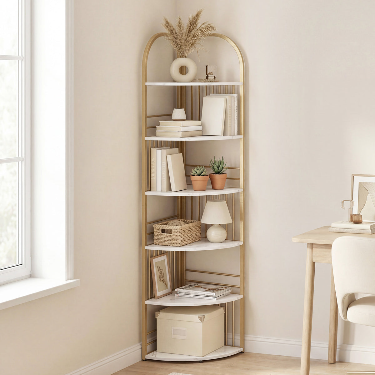 6-Tier Corner Shelf Tall Freestanding Corner Bookshelf with Heavy-duty Metal Frame-White