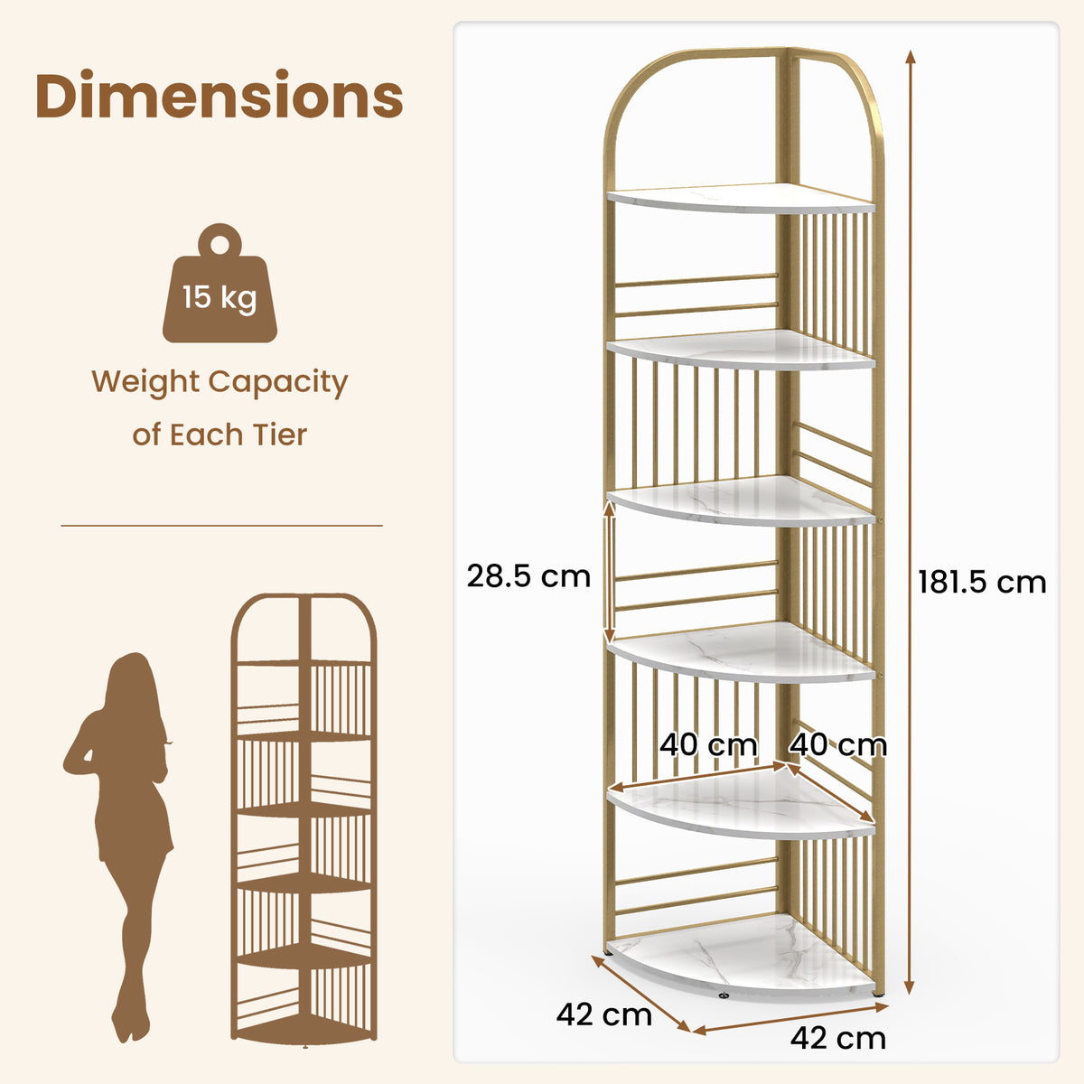 6-Tier Corner Shelf Tall Freestanding Corner Bookshelf with Heavy-duty Metal Frame-White