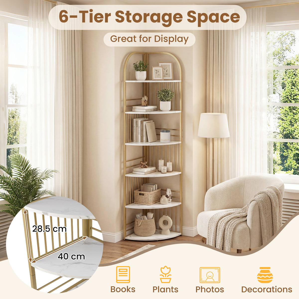 6-Tier Corner Shelf Tall Freestanding Corner Bookshelf with Heavy-duty Metal Frame-White
