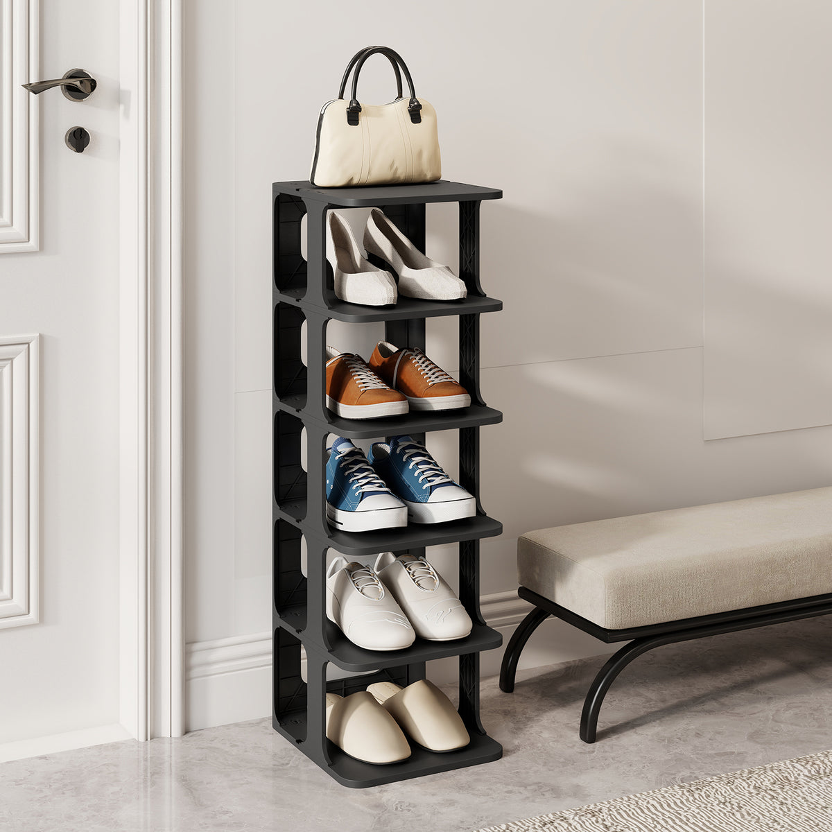 6-Tier Stackable Shoe Rack Small Vertical Shoe Organizer-Black