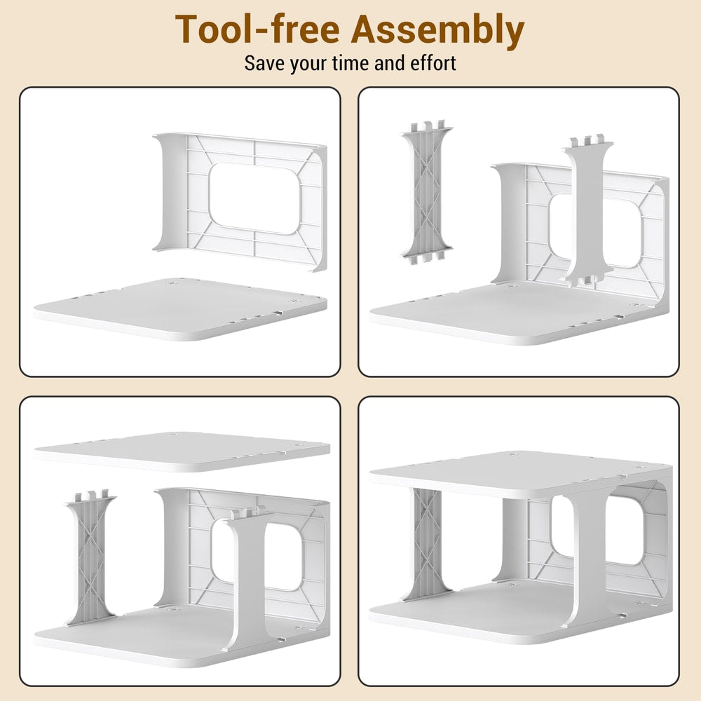 The shoe storage unit showing four steps of the simple assembly process without tools