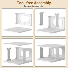 The shoe storage unit showing four steps of the simple assembly process without tools
