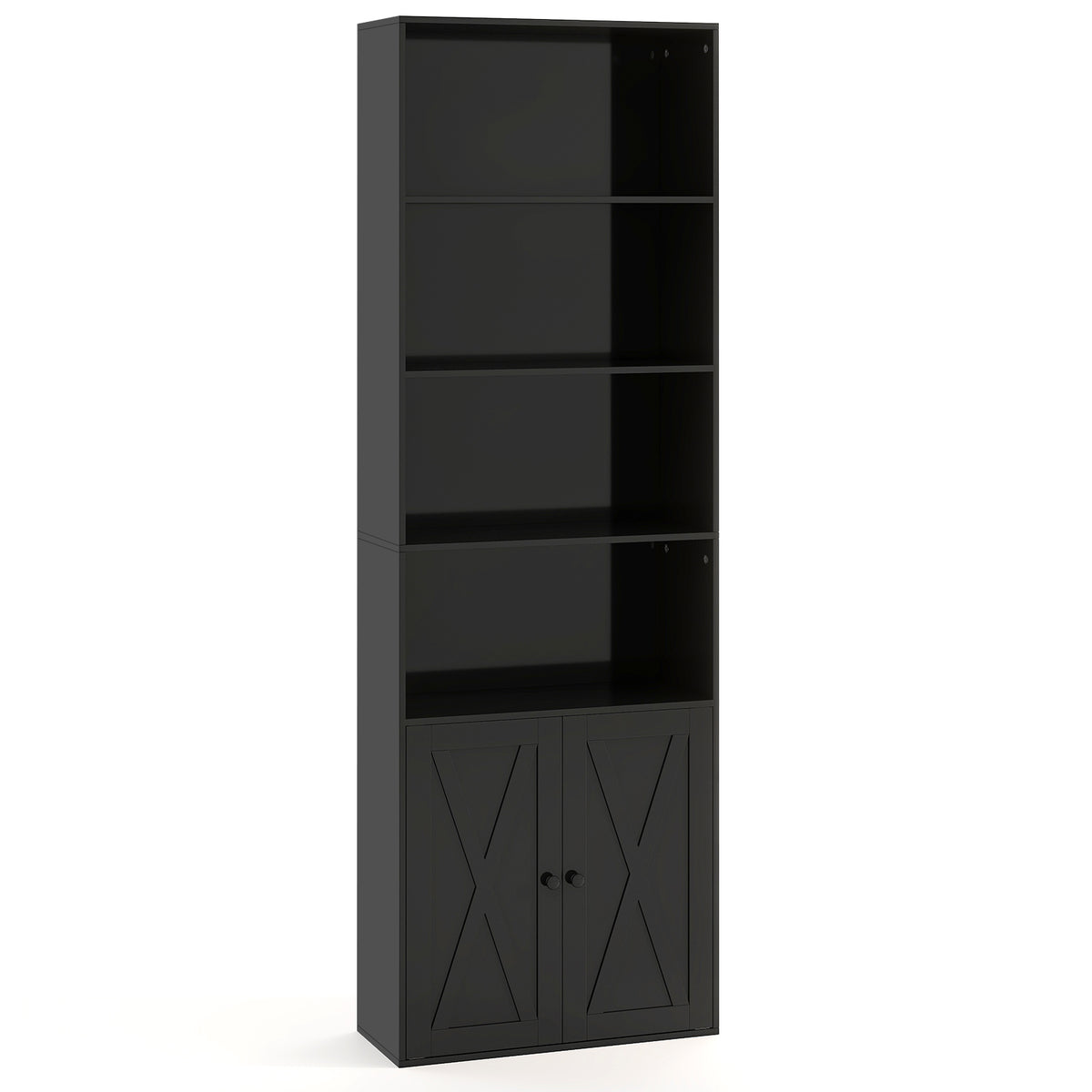 The black wooden shelving unit shown empty with the cabinet doors closed