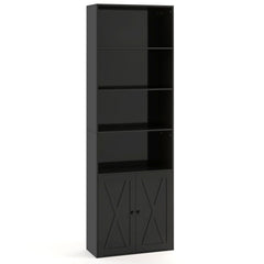The black wooden shelving unit shown empty with the cabinet doors closed