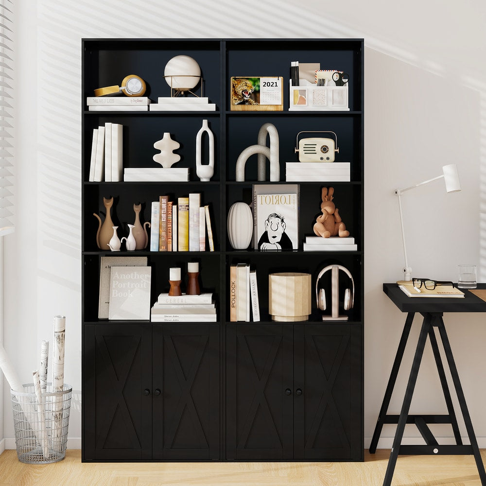 Two of the tall bookcases placed side by side in a home office setting