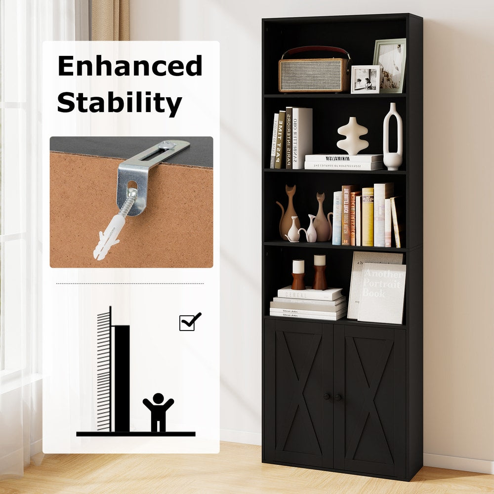 The black 6-tier bookcase with farmhouse style cabinet doors showing stability features
