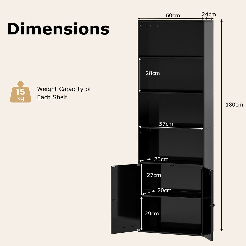 Dimensions diagram for the black 6-tier bookcase with farmhouse style cabinet doors