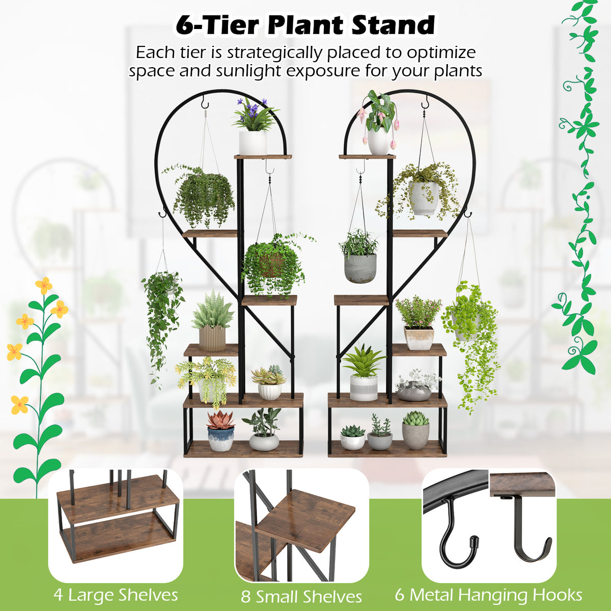 6-Tier Metal Plant Stand Heart-Shape Ladder Plant Shelves -Rustic Brown