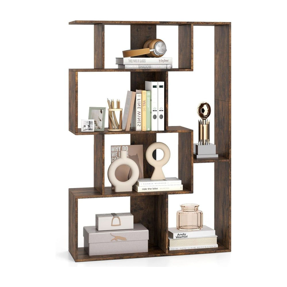 6-Cube Open-back Geometric Bookshelf with Anti-tip Kits, a tall wooden unit with staggered open shelves