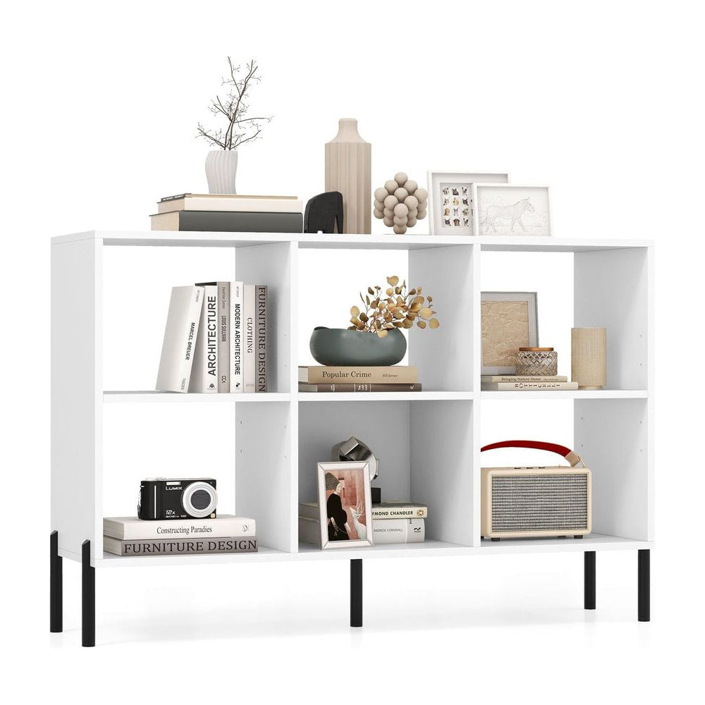 6-Cube Storage Bookcase Wooden Open Bookshelf with 5 Metal Legs-White, shown with books and decorative items on shelves