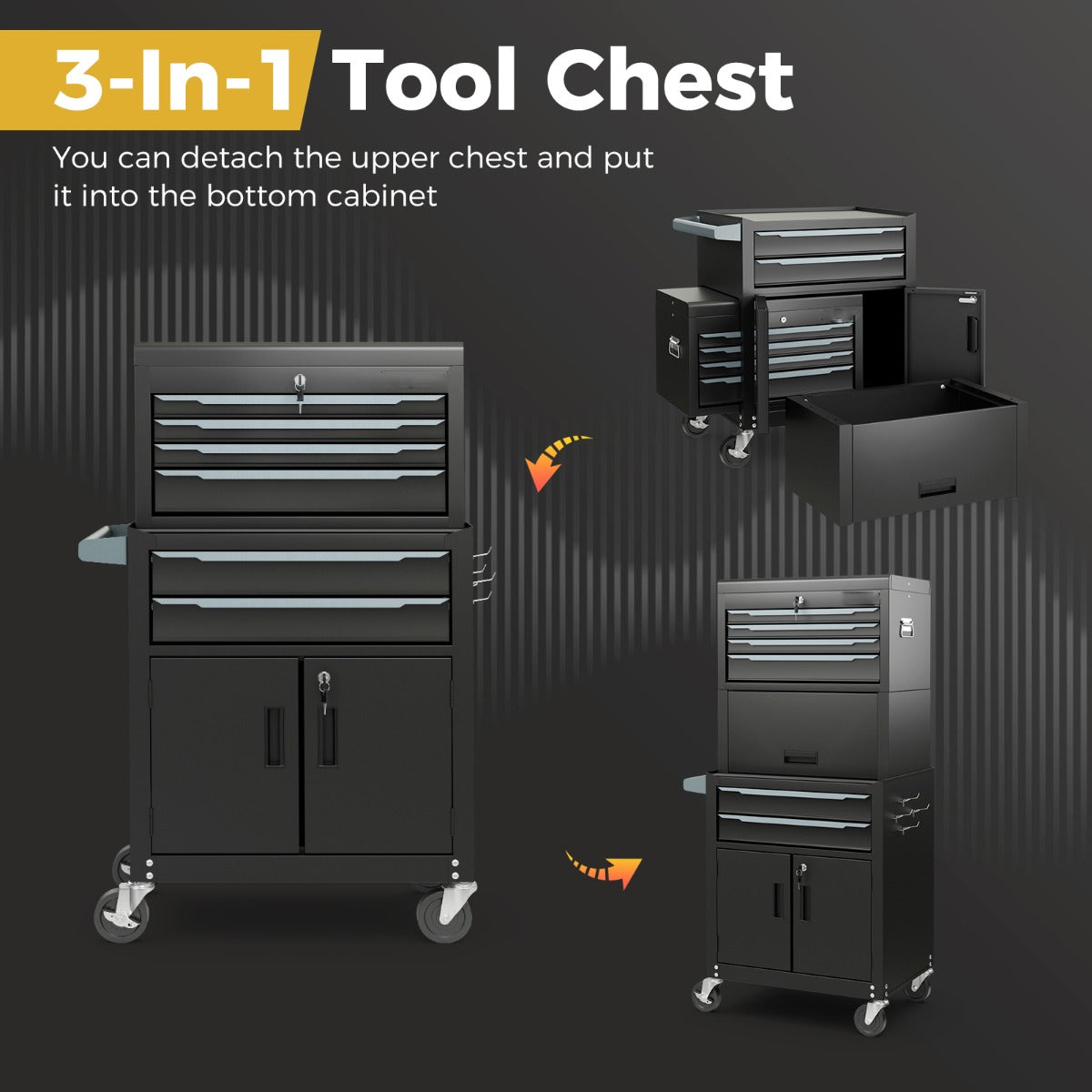 6-Drawer Rolling Tool Chest with Universal Wheels and Hooks-Black-M