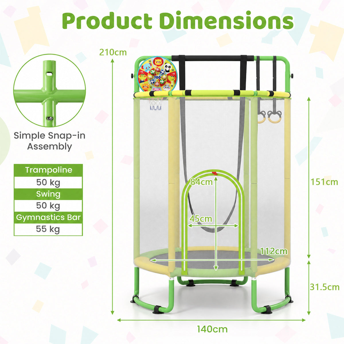 6-in-1 Kids Trampoline 140 cm Indoor Outdoor Trampoline with Swing-Yellow and Green