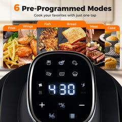 6-in-1 Portable Glass Air Fryer with Lids Built-in Thermostat-Black