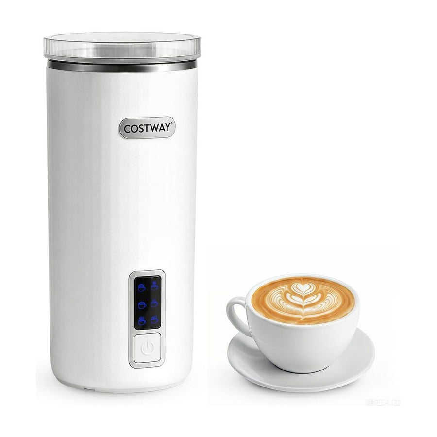 6-in-1 Electric Milk Steamer next to a white cup of coffee with latte art