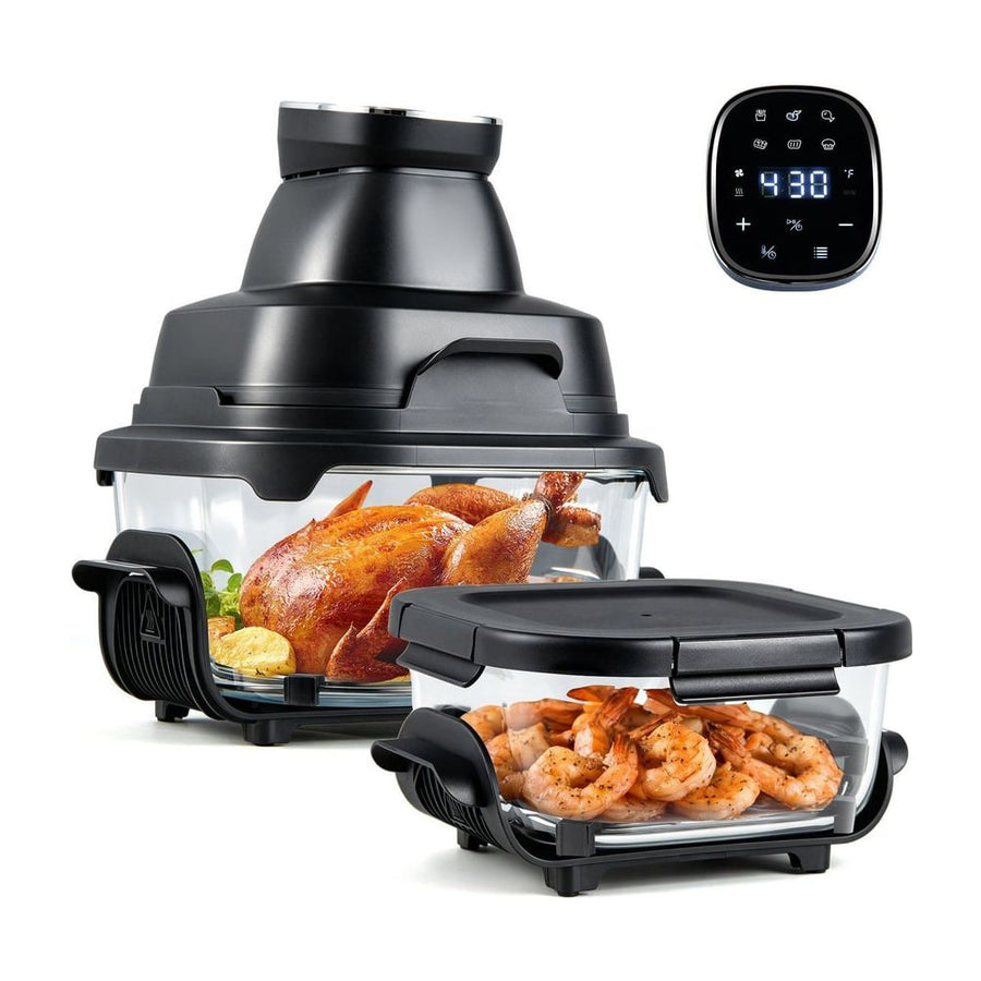 6-in-1 Portable Glass Air Fryer with Lids Built-in Thermostat cooking a whole chicken and prawns