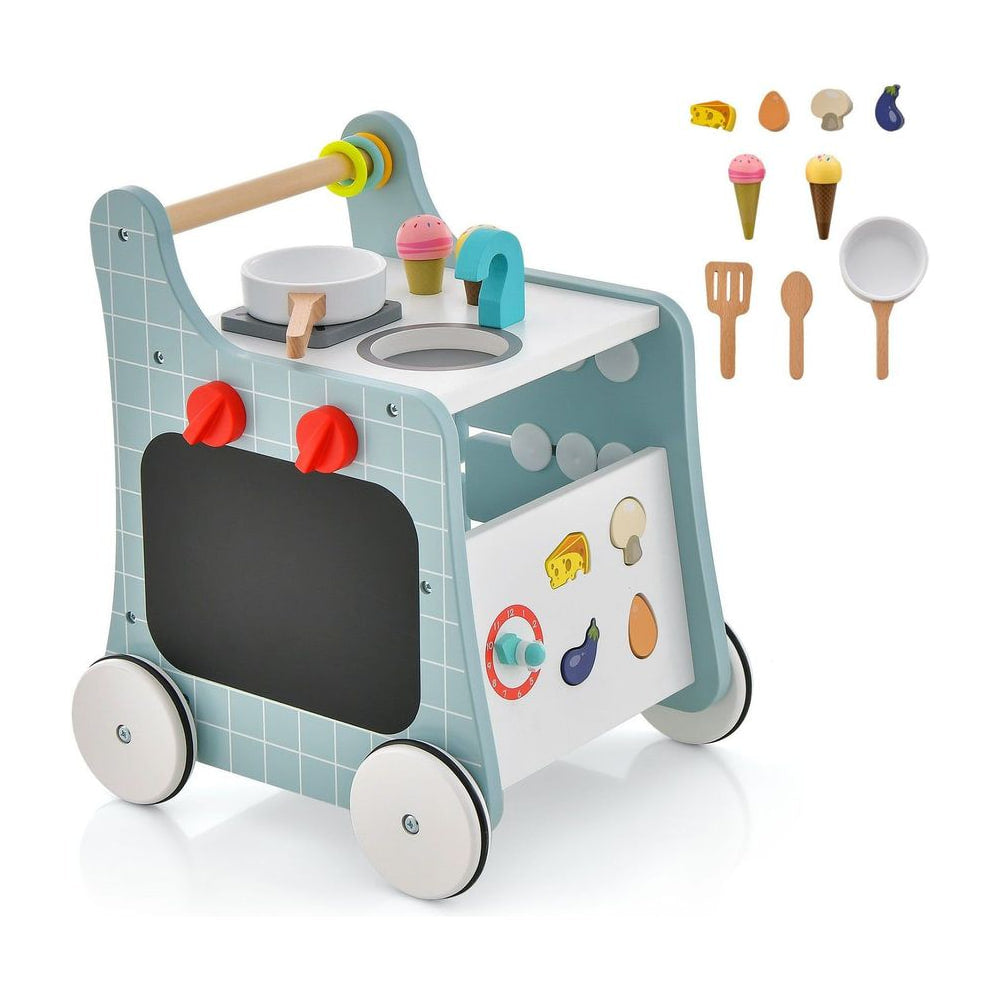 6-in-1 Wooden Baby Stroller Push and Pull Learning Activity Center in blue with kitchen play features