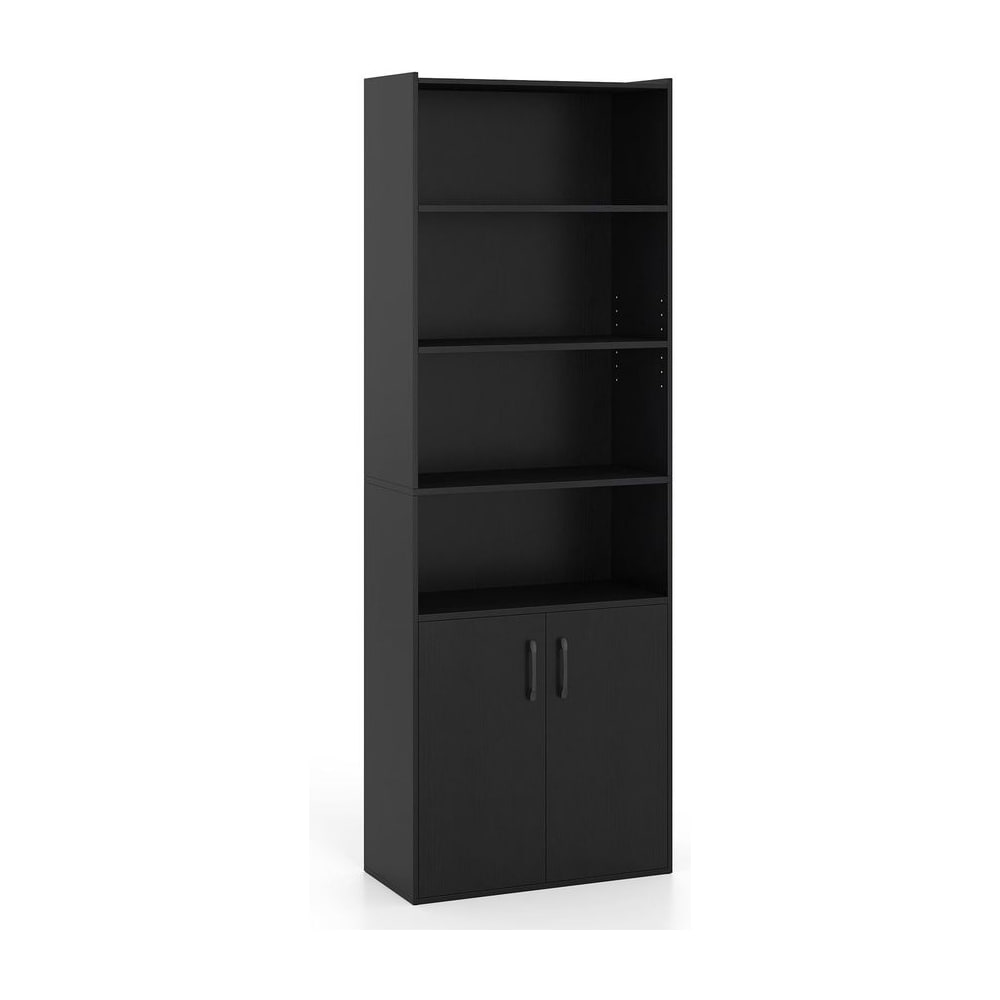 6-tier Modern Style Bookcase with Adjustable Shelves in black, shown from the front with closed doors at the bottom