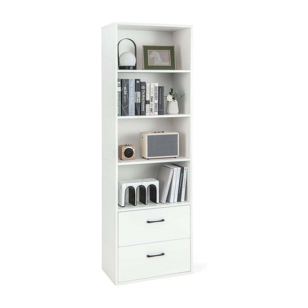 6-Tier Modern Wooden Bookshelf with open shelves and two drawers filled with books and decor