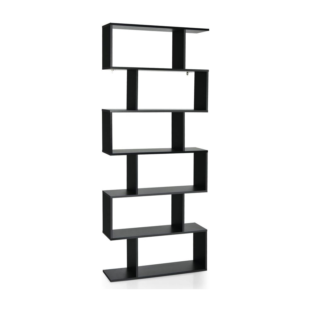 6-tier S-shaped Wooden Industrial Bookshelf-Black, a tall black shelving unit with five shelves arranged in an S shape