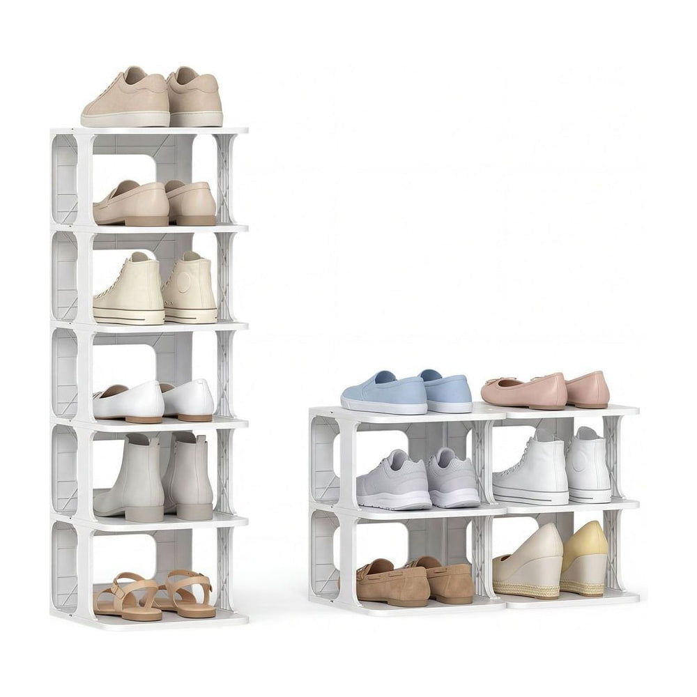 6-Tier Stackable Shoe Rack shown as a tall vertical unit and a shorter side by side configuration