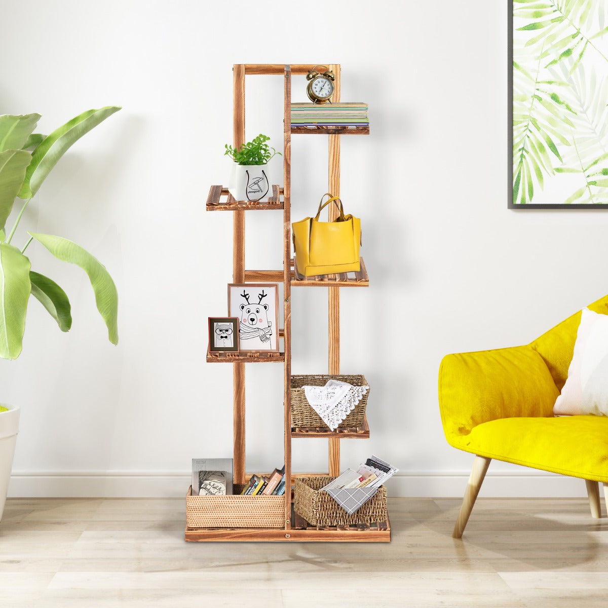 6-tier Wood Plant Stand with Anti-tilting Device and Multifunctional Display Shelf
