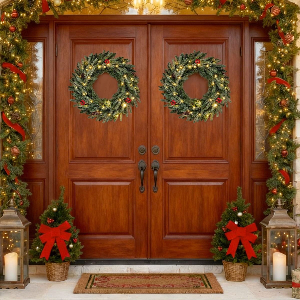 60 CM Artificial Pre-Lit Christmas Wreath with 90 Branch Tips and 20 Warm White LED Lights