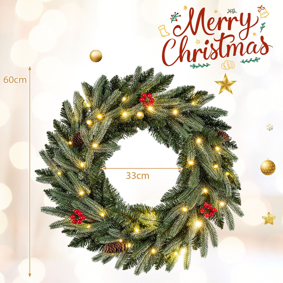 60 CM Artificial Pre-Lit Christmas Wreath with 90 Branch Tips and 20 Warm White LED Lights